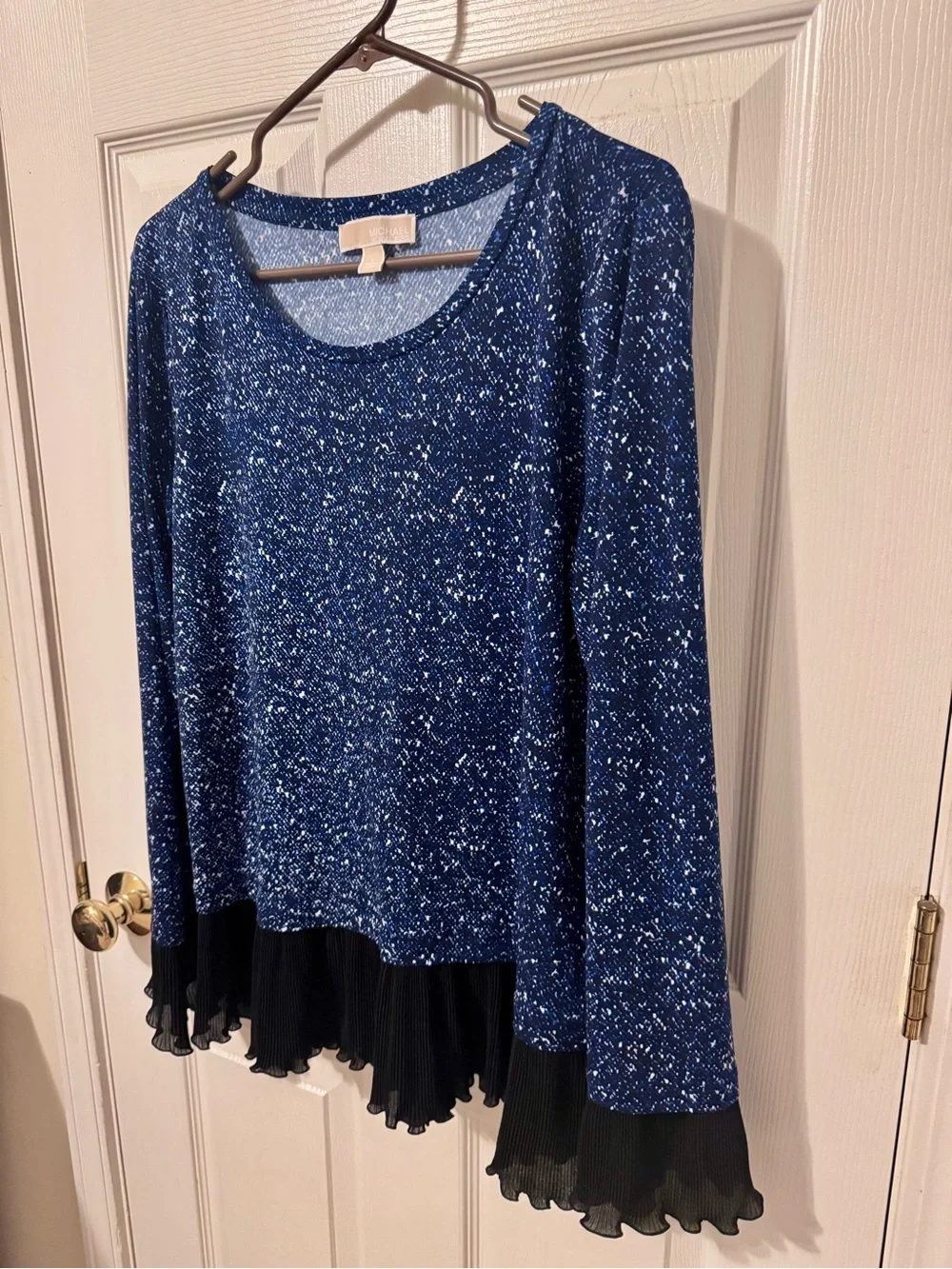 Michael Kors Navy Speckled Long Sleeve Top with Black Pleated Ruffle Hem